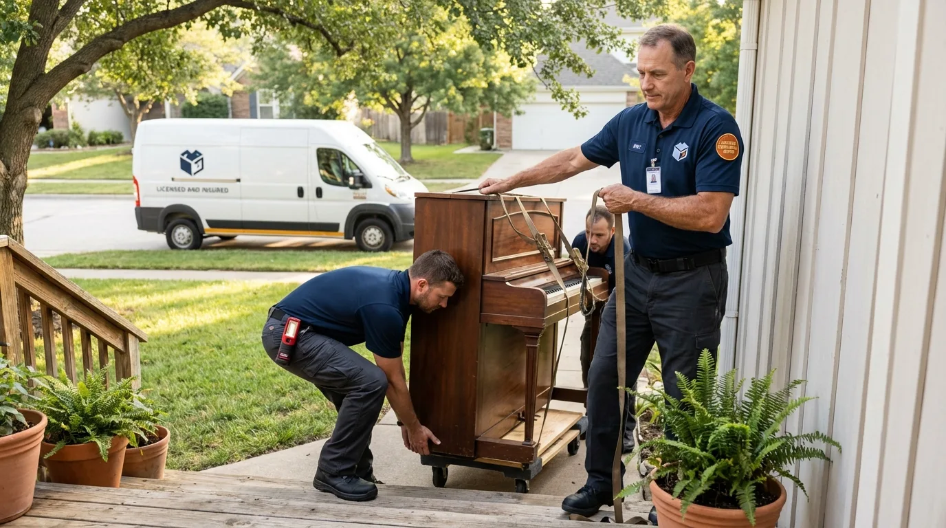 Licensed piano movers securing grand piano in Windsor, VT