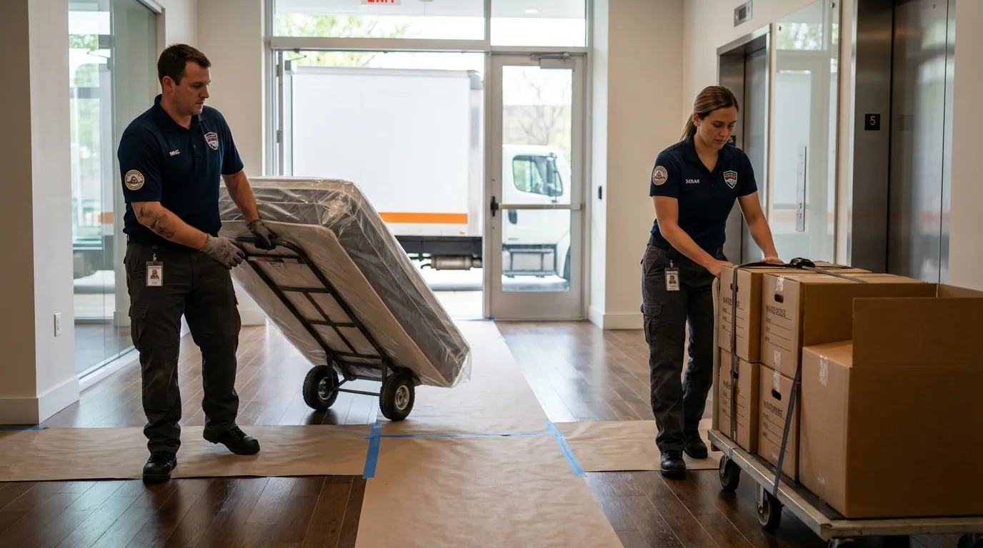 Professional apartment movers loading elevator in Windsor, VT