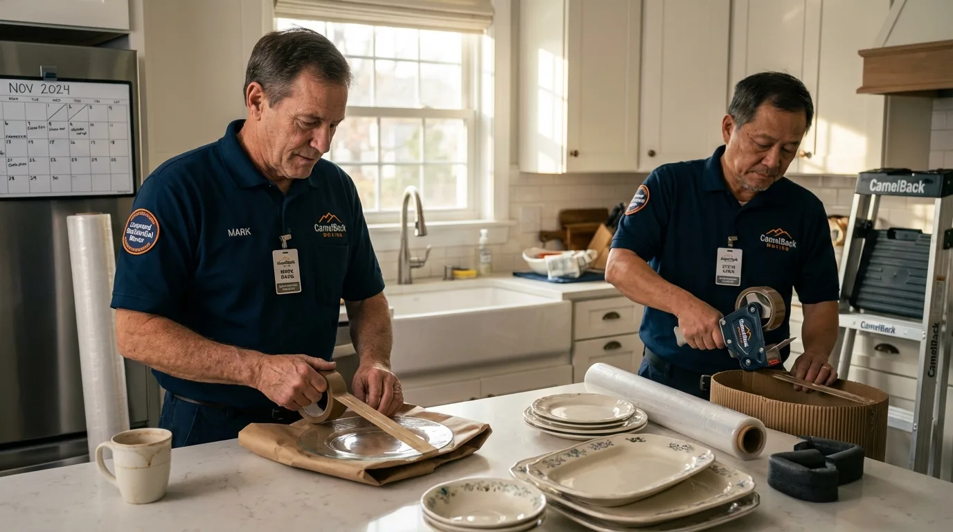 Professional crew packing kitchen dishware in Windsor, VT